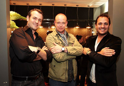 Founders Josh Reed (left) and Troy Barbagallo (right) with Peter Speake-Marin at the opening of the Swiss Time Machine boutique in Perth, Australia